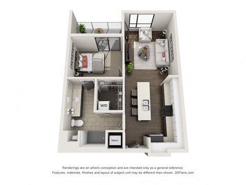 Floor plan for 1 bed, 1 bath, 667 sqft